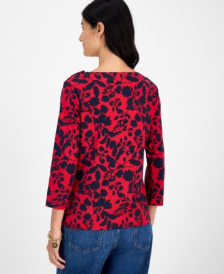 Women's Floral Print Button-Trim 3/4-Sleeve Top