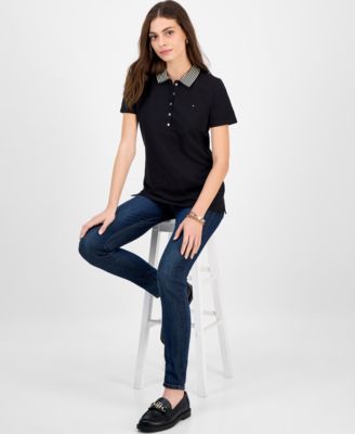 Women's Metallic Striped-Collar Polo Shirt