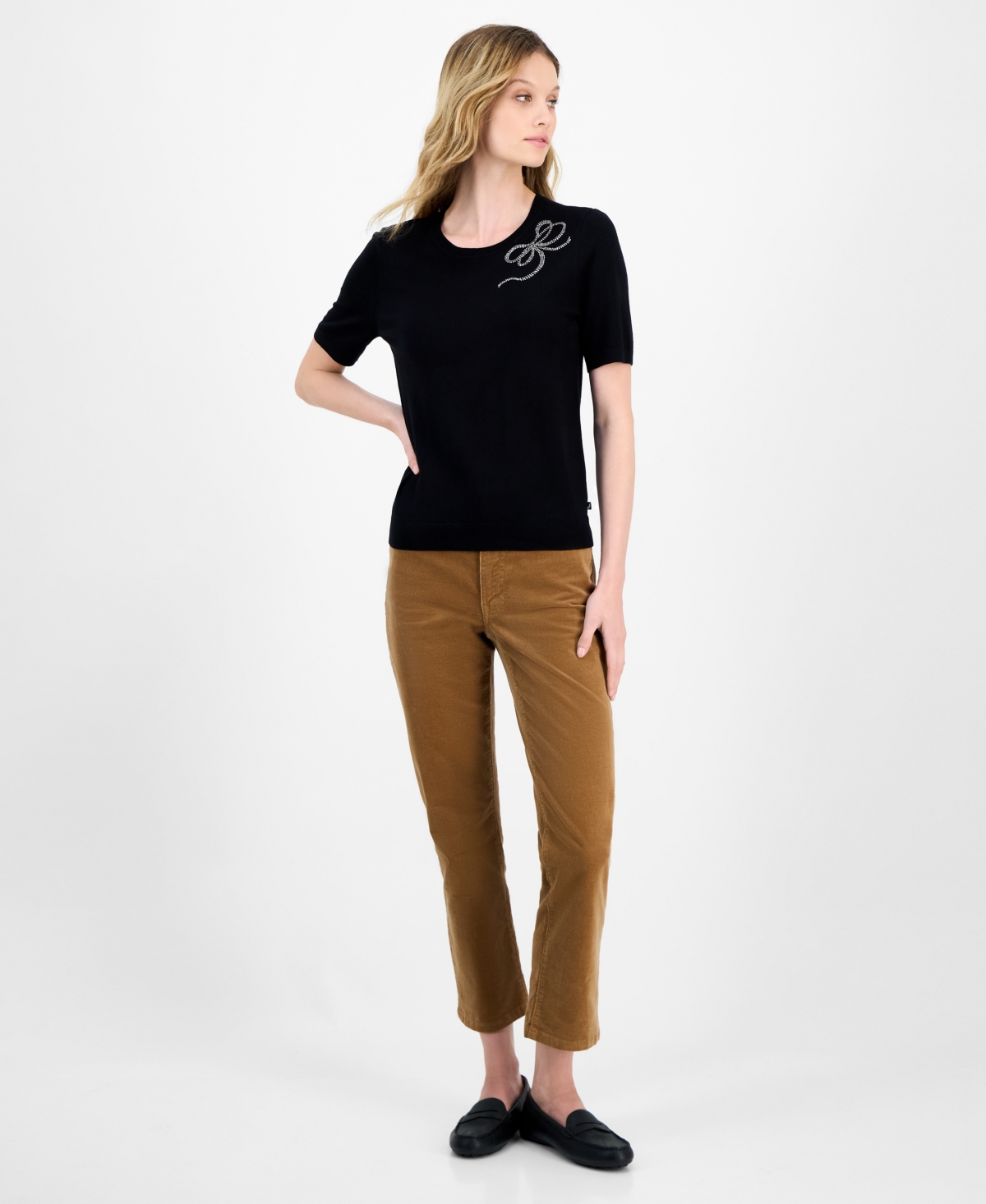Nautica Jeans Women's Rhinestone-bow Short-sleeve Sweater In Black