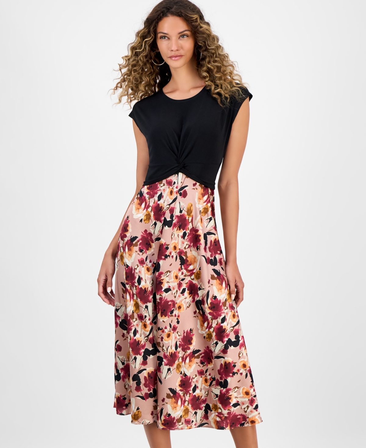 Robbie Bee Women's Colorblock Printed Cap-sleeve Midi Dress In Multi