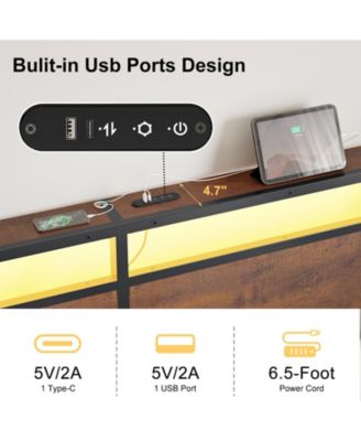 Vintage Queen Size Bed Frame with Storage LED Headboard, No Box Spring Needed