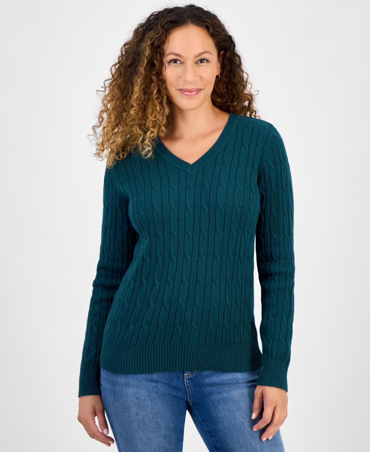 Style & Co Petite Cotton Cable-knit V-neck Sweater, Created For Macy's In Green