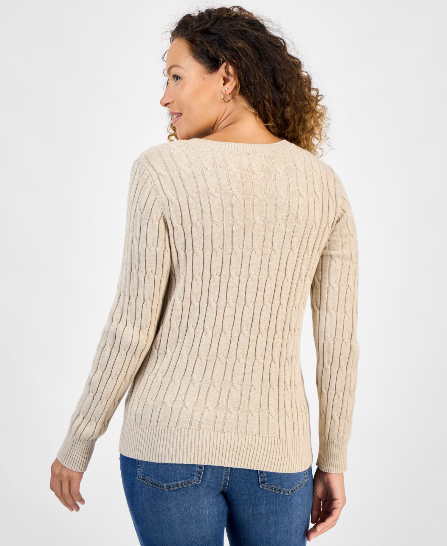 Petite Cotton Cable-Knit V-Neck Sweater