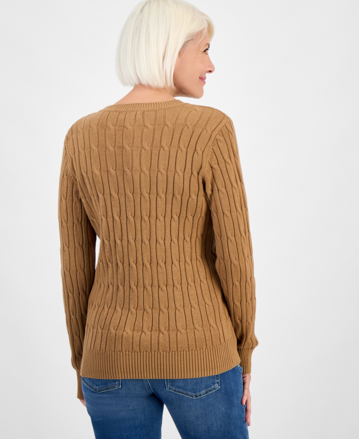 Style & Co Petite Cotton Cable-knit Crewneck Sweater, Created For Macy's In Brown