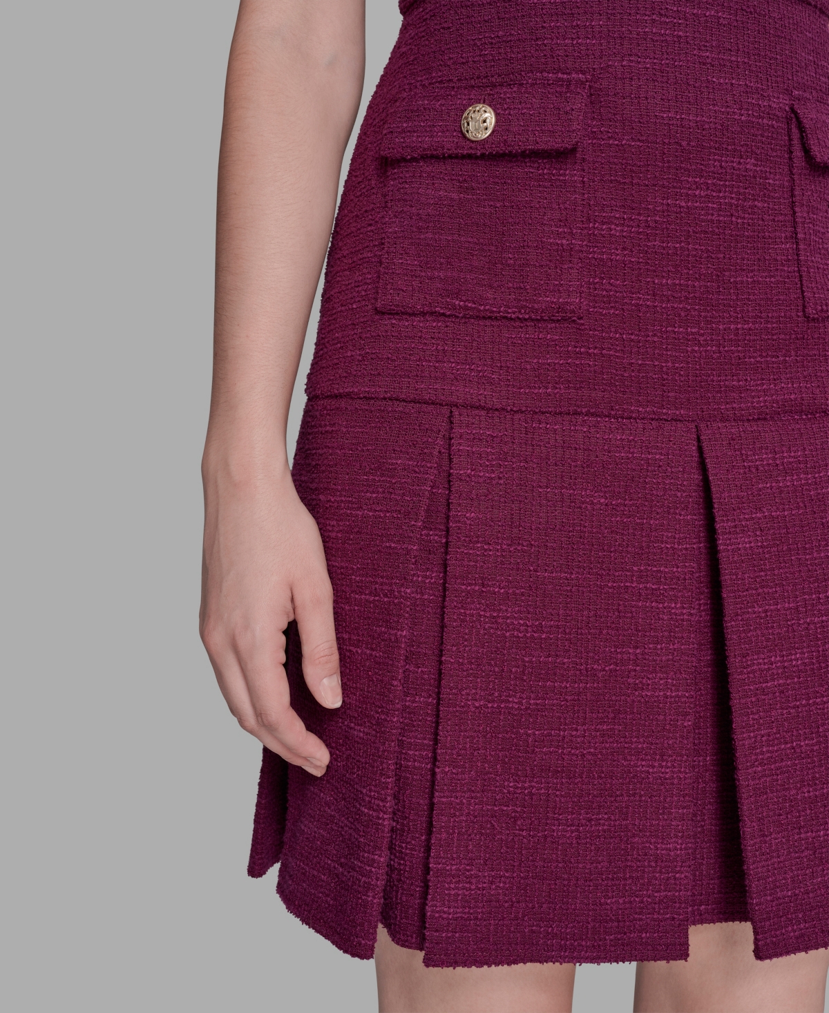 Karl Lagerfeld Textured Tweed Square Neck Mini Dress In Burgundy