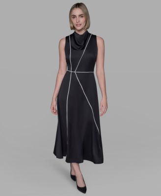KARL LAGERFELD PARIS - Women's Piped-Trim Fit & Flare Dress