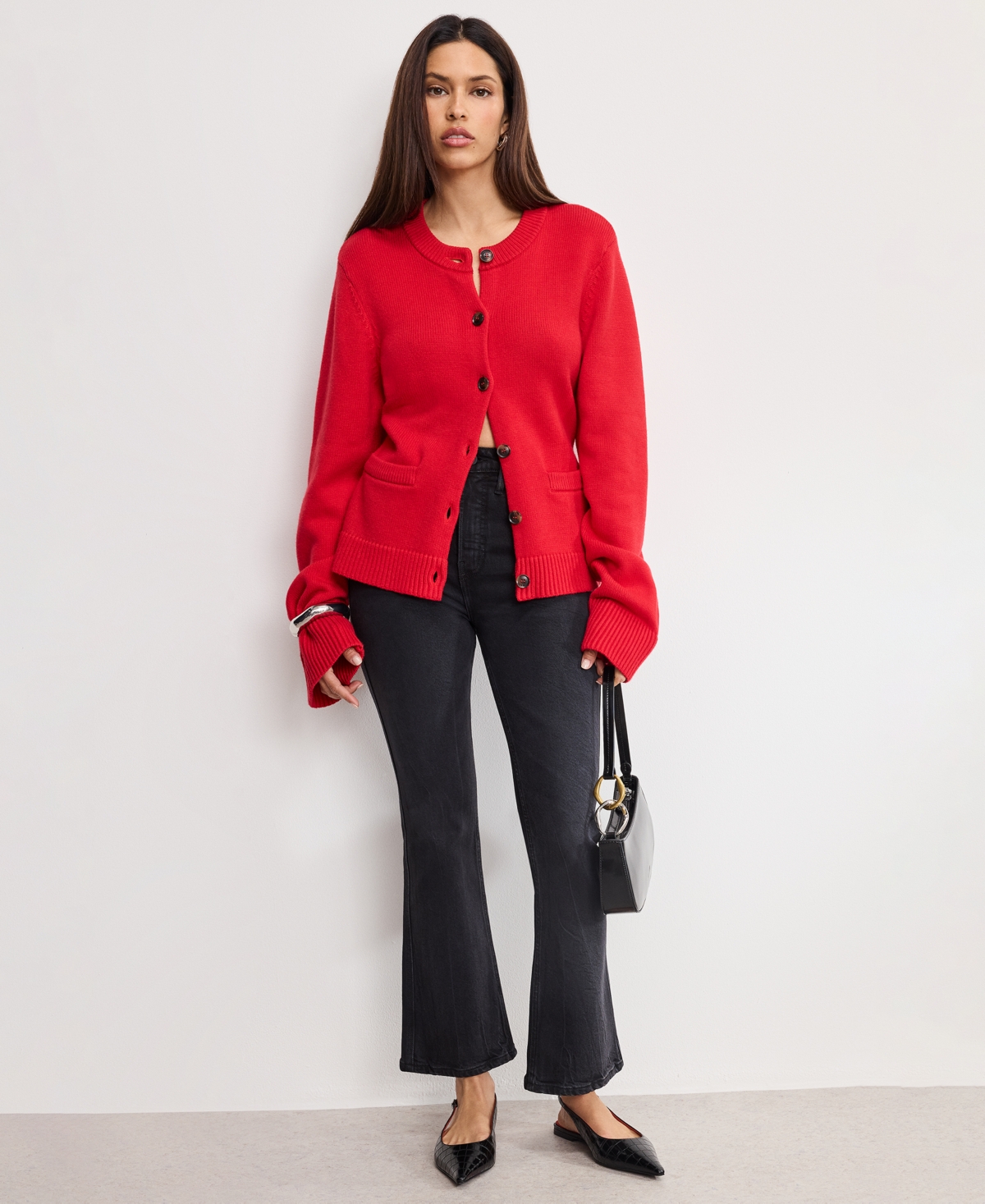 Good American Women's Button Front Knit Cardigan Sweater