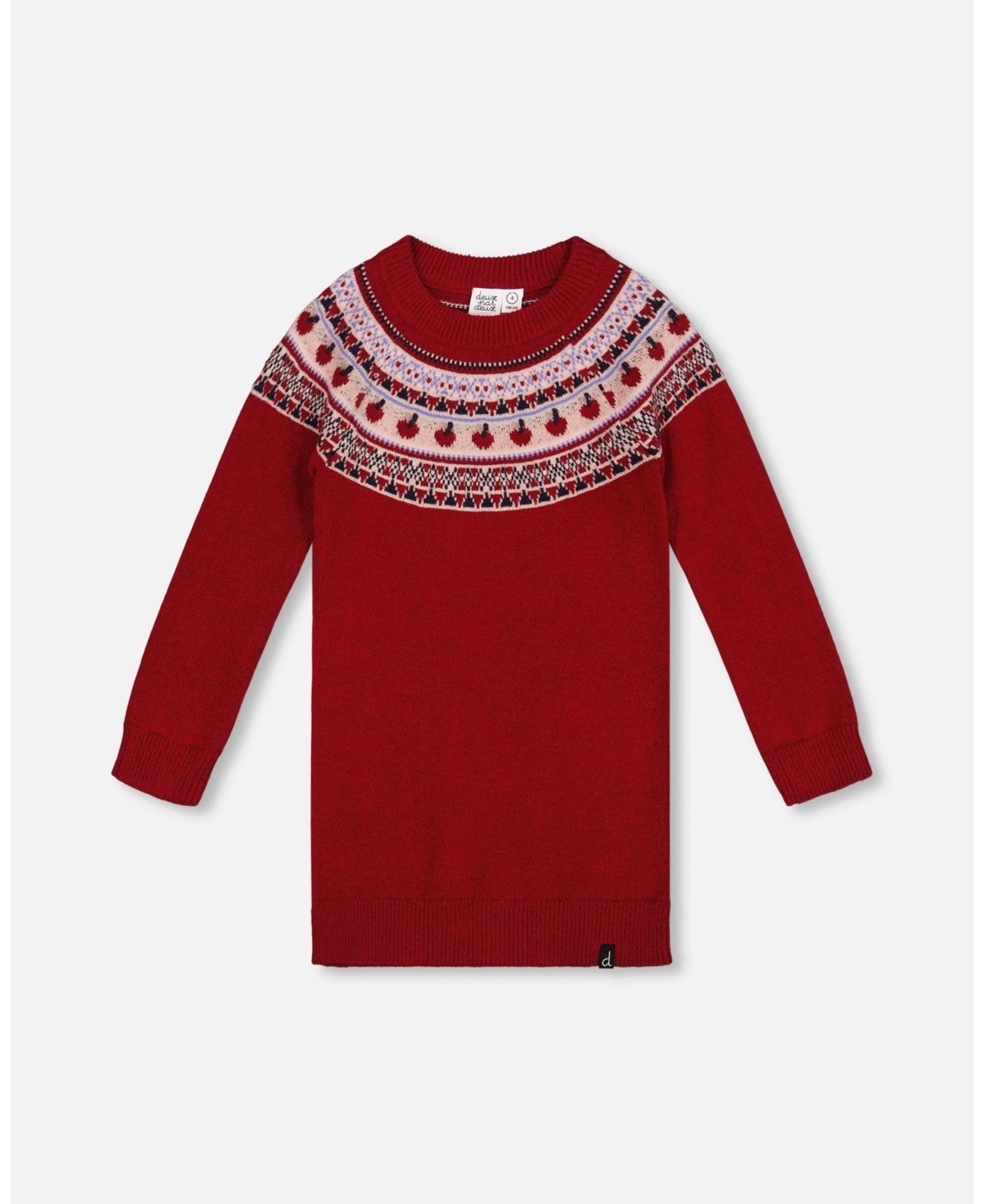 Deux par Big Girls Knit Dress Red with Apple Jacquard Yoke