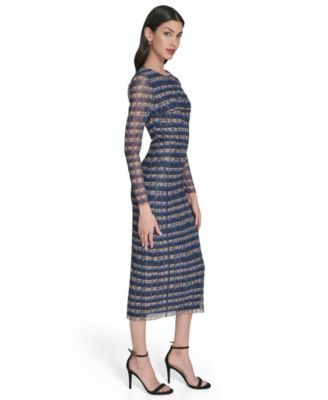 Women's Printed-Mesh Long-Sleeve Bodycon Dress