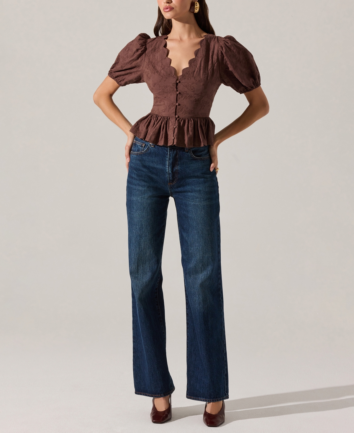 Astr The Label Arely Embroidered Cotton Button-up Top In Brown