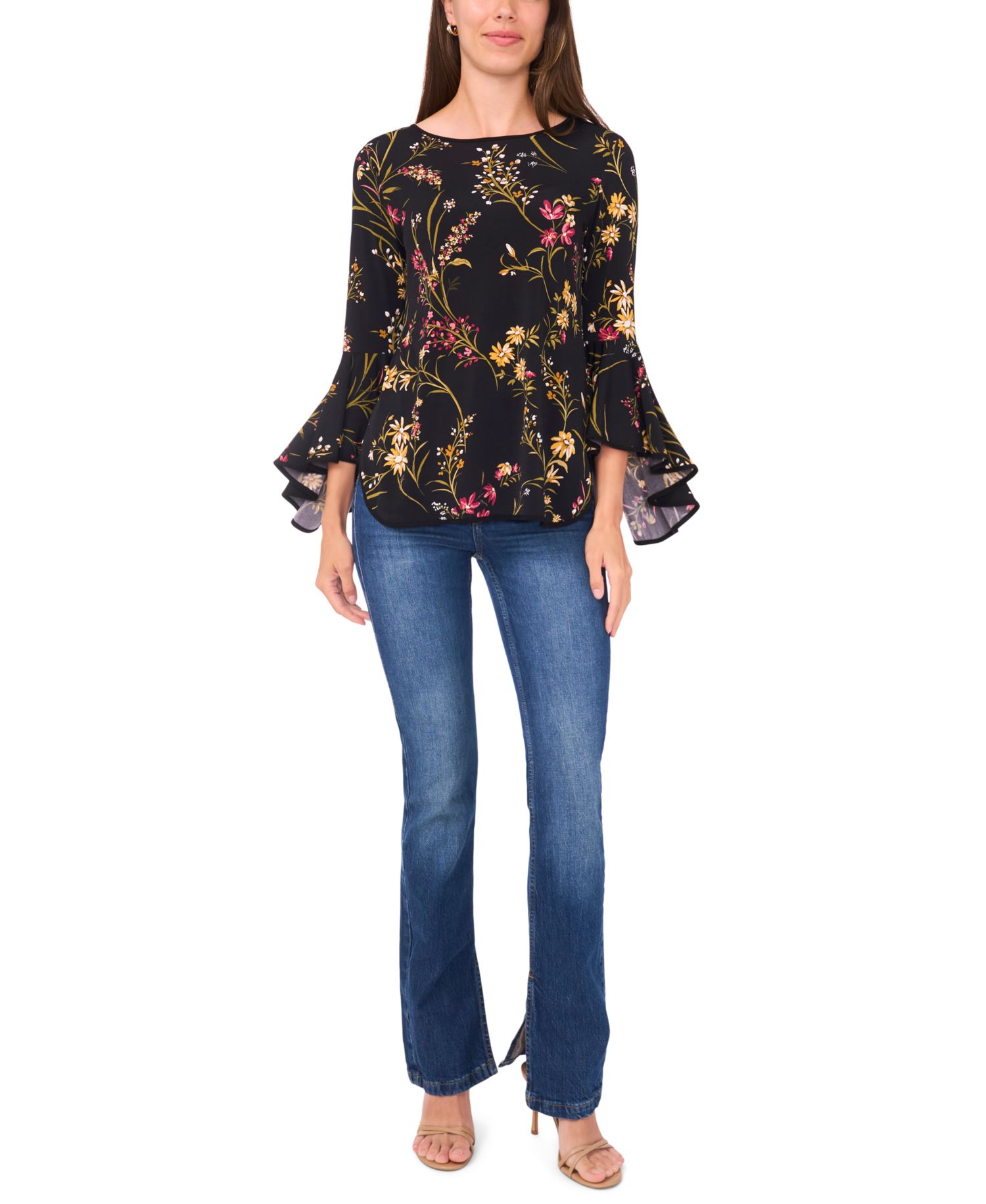 Women's Printed Crewneck 3/4-Bell-Sleeve Blouse