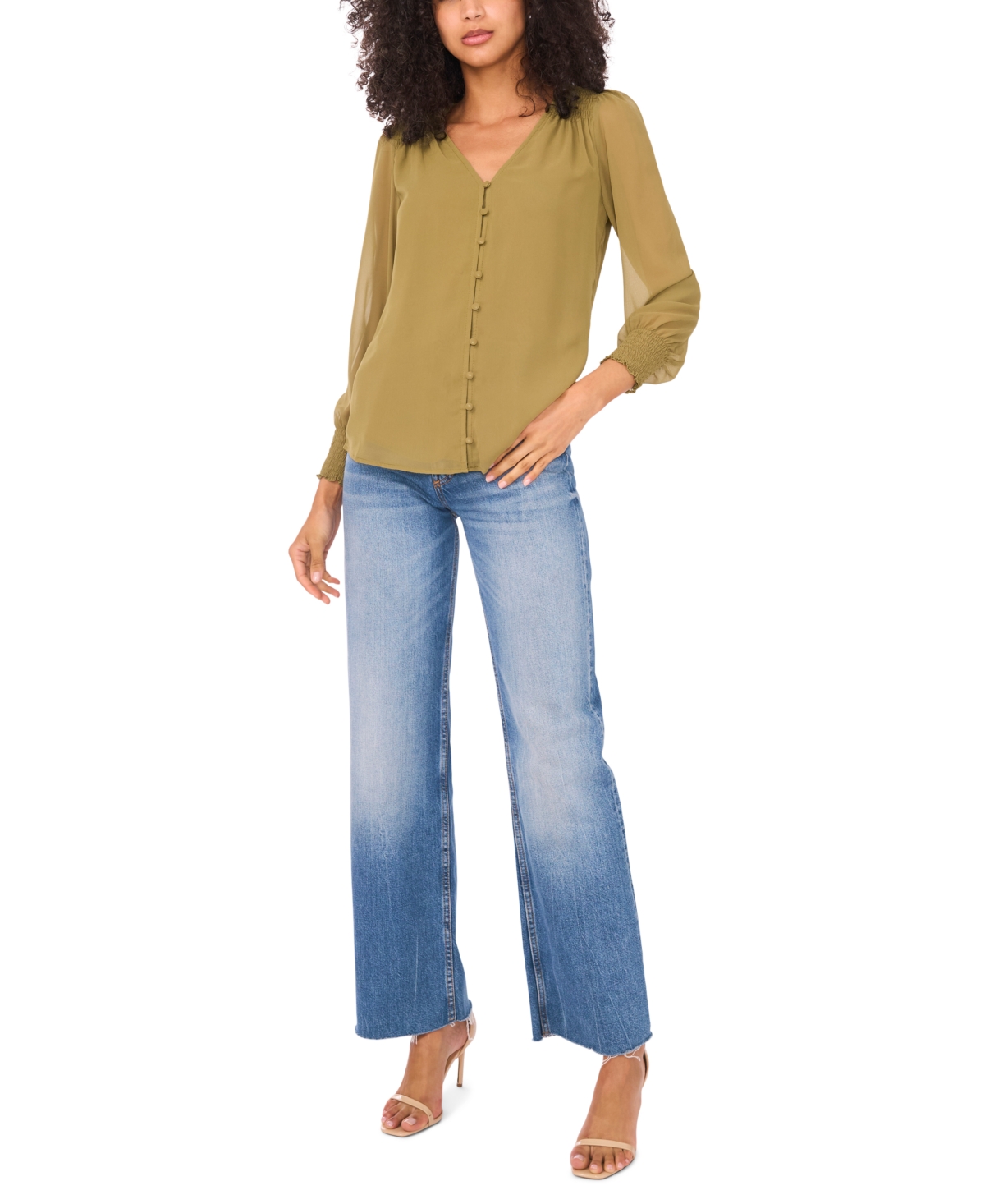 Sam & Jess Women's V-neck Button-front Smocked-shoulder Top In Green