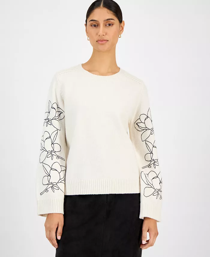 Women's Embroidered-Sleeve Crewneck Sweater