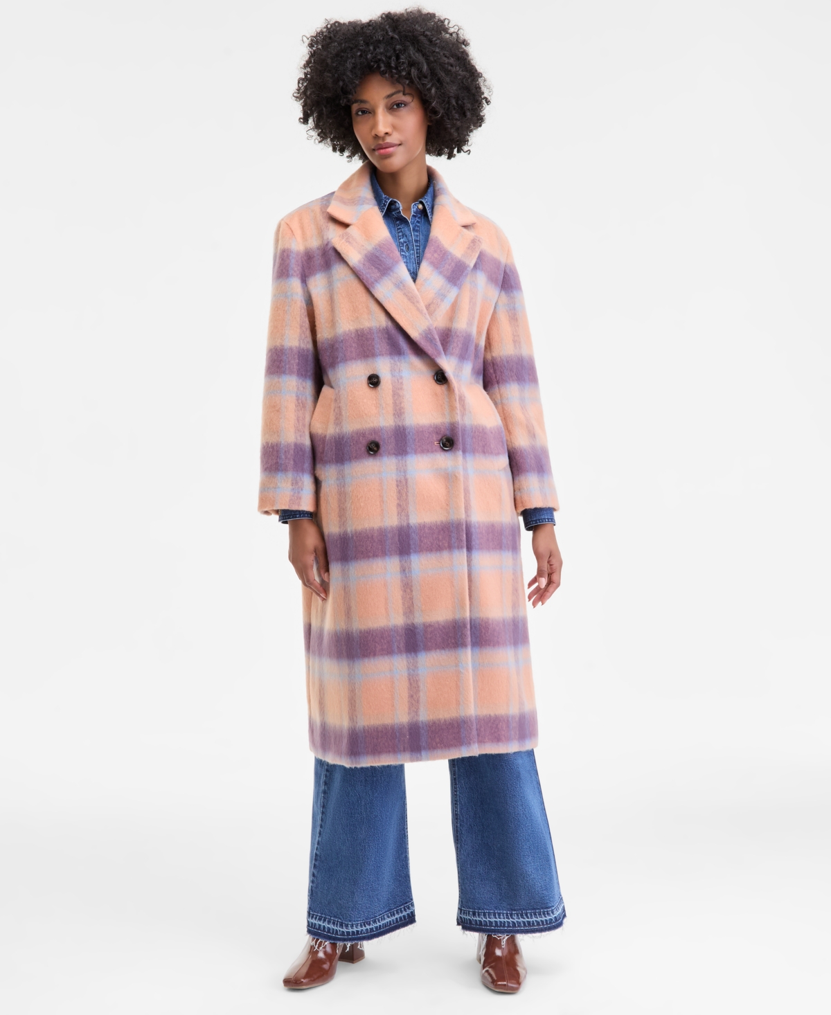 On 34th Women's Brushed Plaid Double-breasted Coat, Macy's Exclusive In Multi