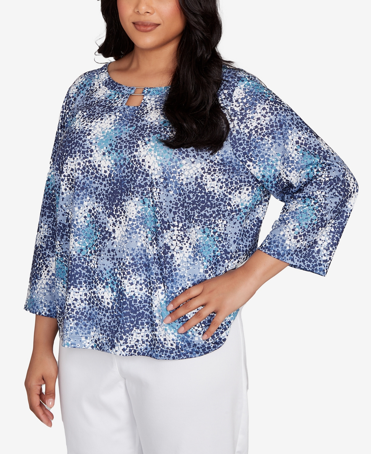 Hearts Of Palm Plus Size Printed Poly Square Ring Neck Top