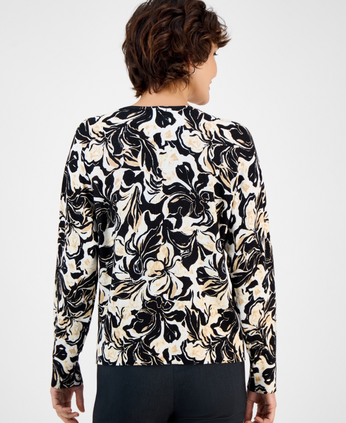 Jm Collection Petite Angela Abstract V-neck Sweater, Macy's Exclusive In Black
