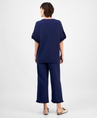 Women's Embroidered Fringe-Trim Poncho Top & High-Rise Fringe-Hem Capri Pants, Macy's Exclusive