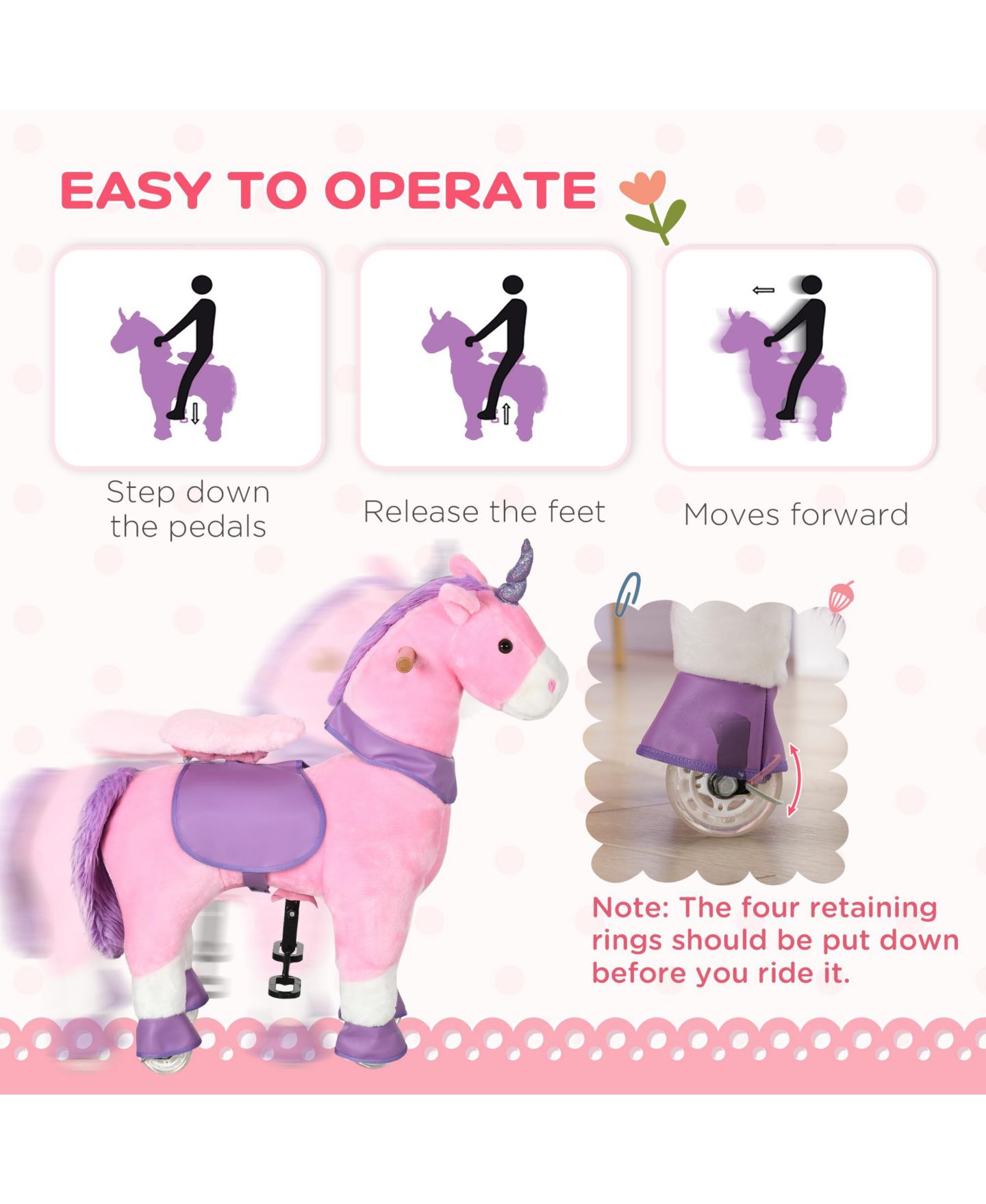 Детская игрушка Qaba Unicorn Walking Horse Ride-On with Rolling Wheels, 176 lbs. Capacity, Ages 3-6 — фото 6