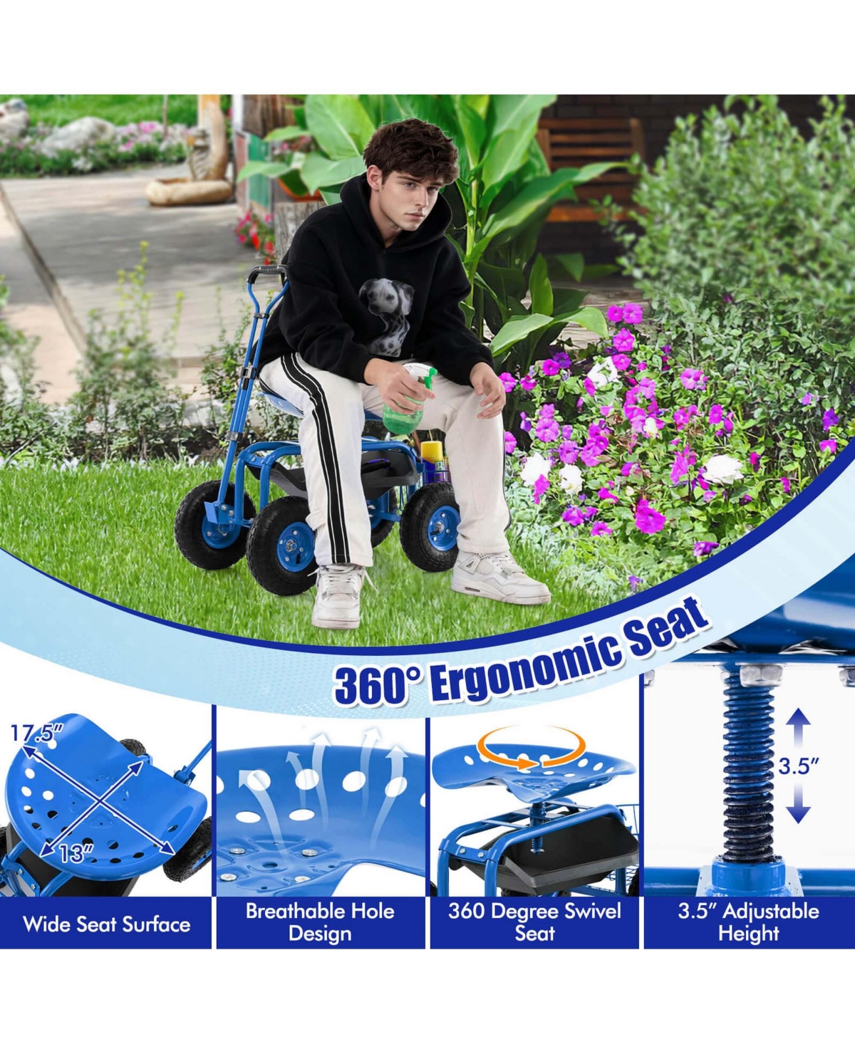 Garden Cart Rolling Work Seat
