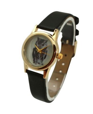 Black Owl Drawing Face Faux Leather Band Women Watch