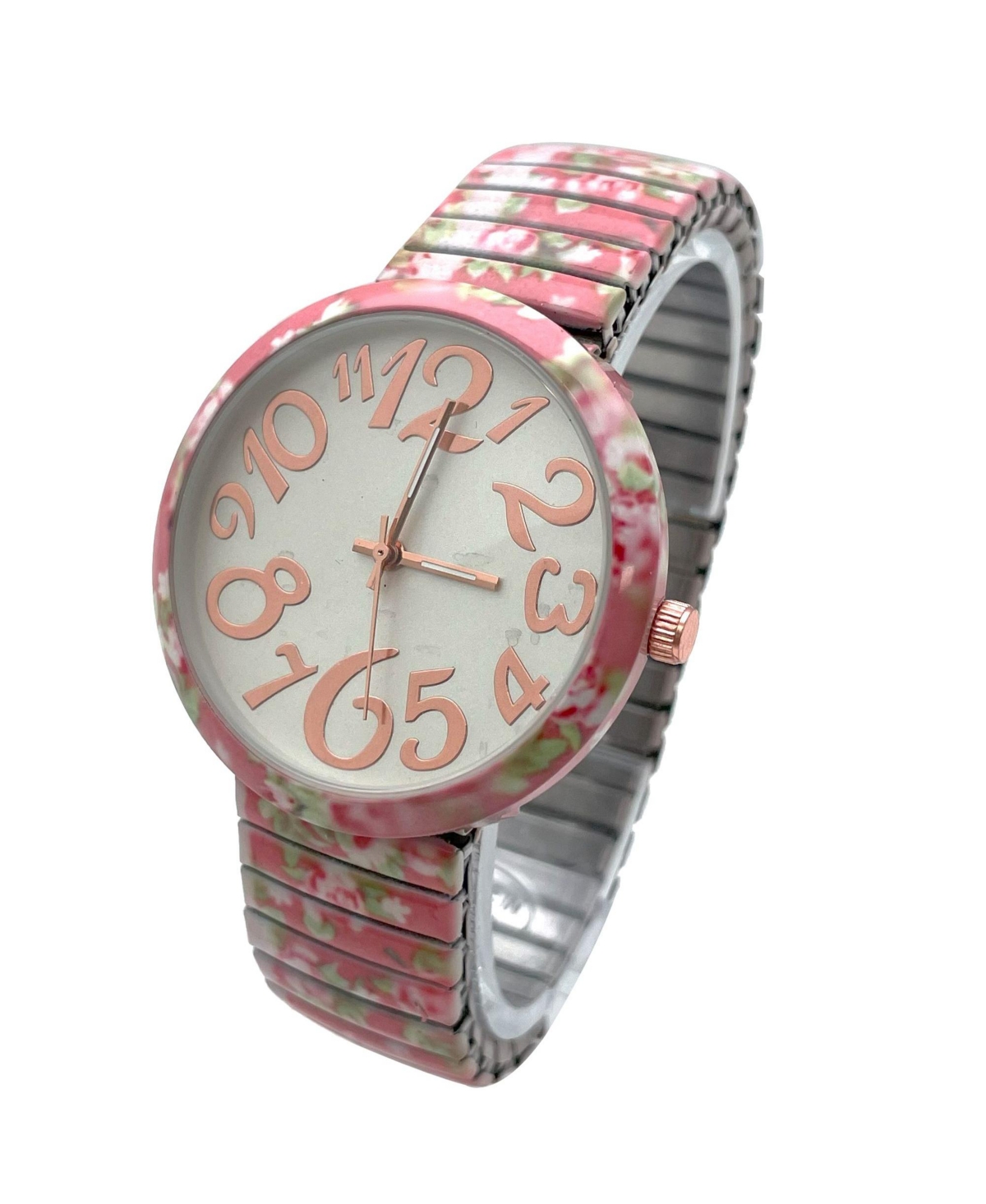 Olivia Pratt Light Pink Floral Big Dial Easy Reader Watch Floral Elastic Stretch Band Wristwatch Women Watch