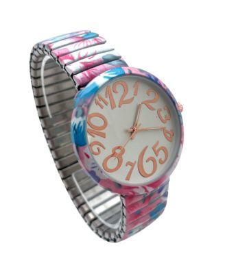 Turquoise Floral Big Dial Easy Reader Watch Floral Elastic Stretch Band Wristwatch Women Watch