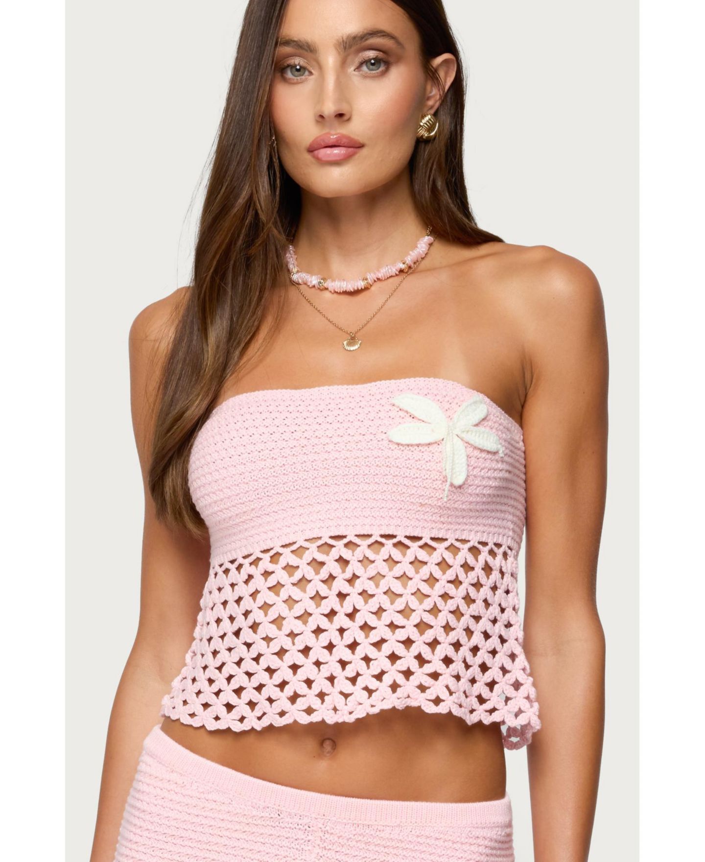 Женский топ Edikted Tahna Flower Strapless Crochet, цвет: Розовый — фото 1