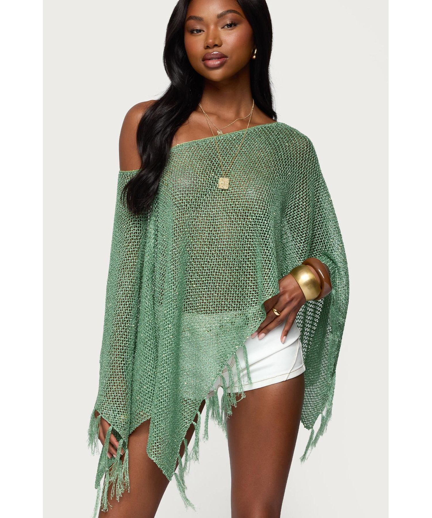 Women's Sequin Fringe Knit Poncho