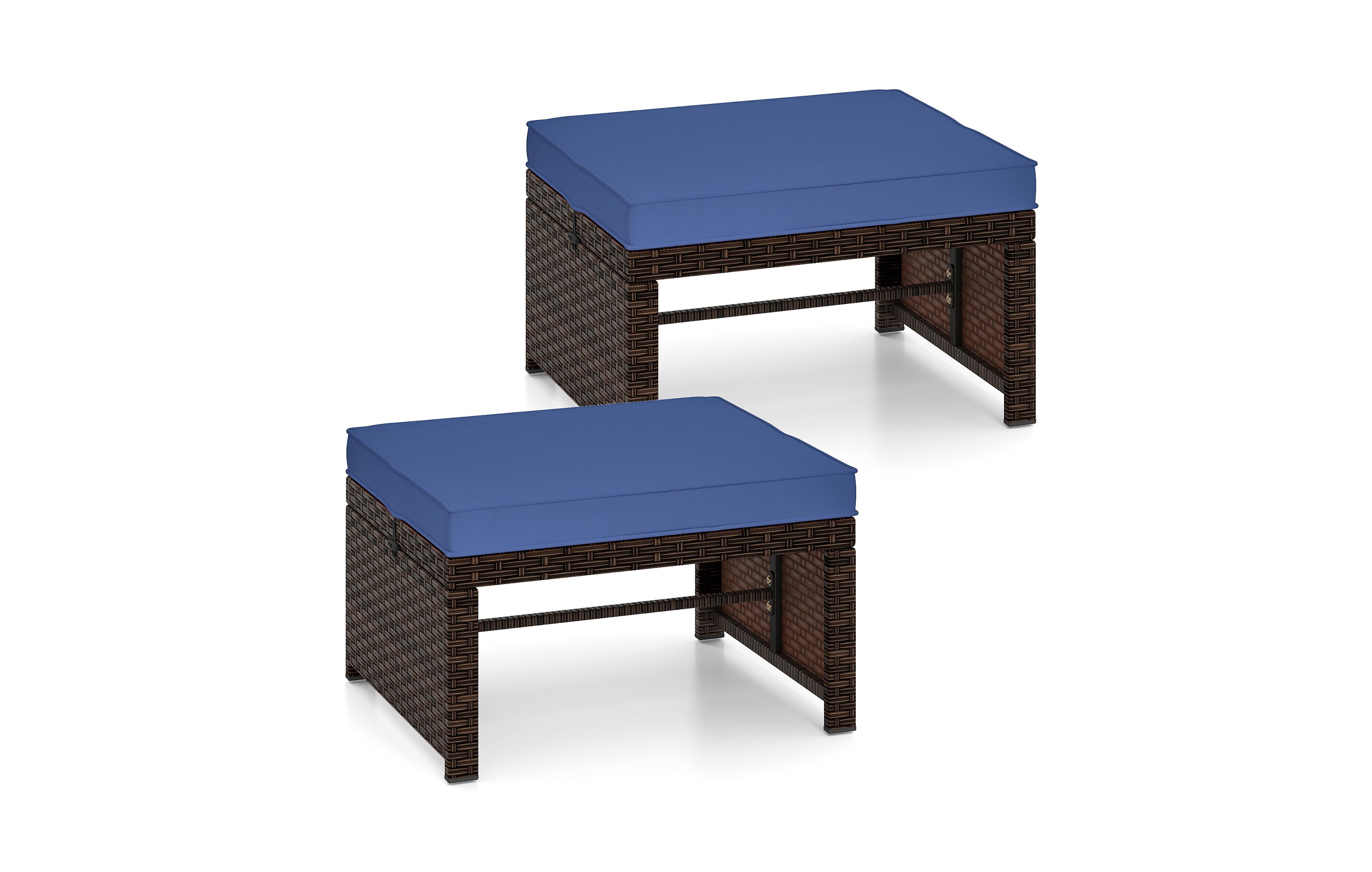 Gymax Set of 2 Patio Pe Rattan Ottomans w/ Soft Zippered Cushions for Deck Outdoor