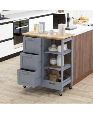 26.5" MDF, Metal 3 Drawers, Shelves, Removable Tray, Lockable Wheels Rolling Kitchen Island Cart