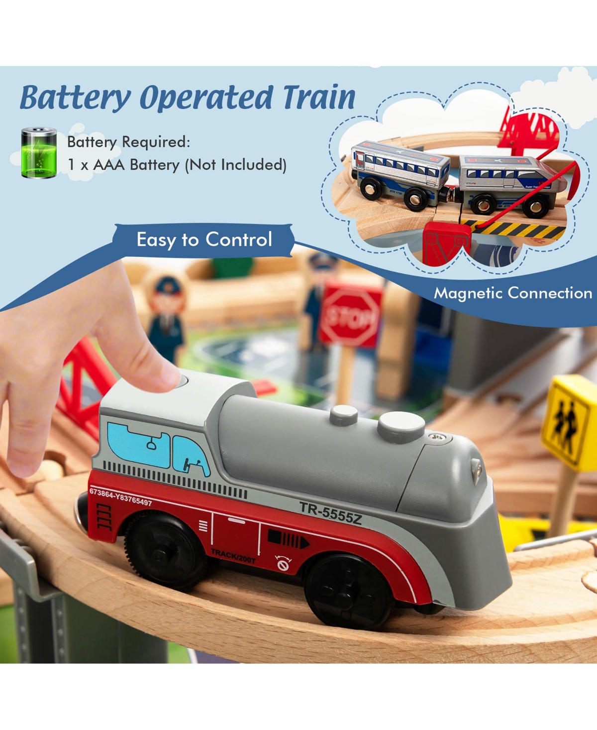 Kids Wooden Train Set & Double-Sided Table Playset w/100 Pieces & Storage Drawer