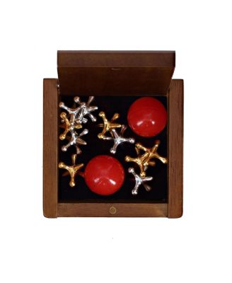 Old-Fashioned Metal Jacks in a Walnut Stain Wooden Box