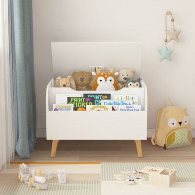 Kids Front Bookshelf, Flip-Top Lid, Safety Hinge, Boys Girls Toy Chest Bench for Playroom Toy Storage Organizer