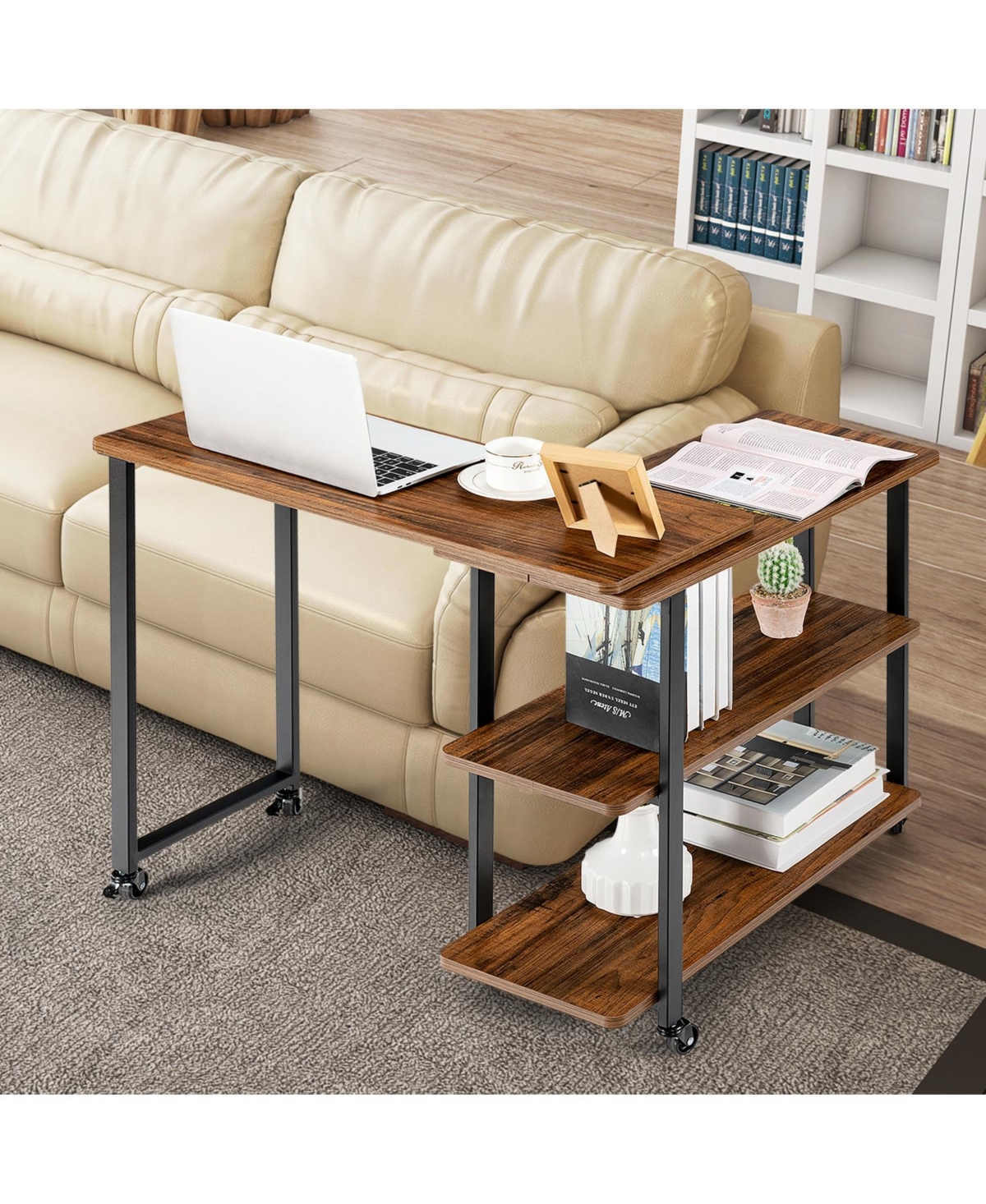 Mecale Patented 360 Free Rotating Sofa Side Table with Storage Shelves and Casters