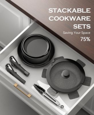 18-Piece Non-Stick Cookware Set with Silicone Tools, Detachable Handles, Space-Saving Design for All Stovetops