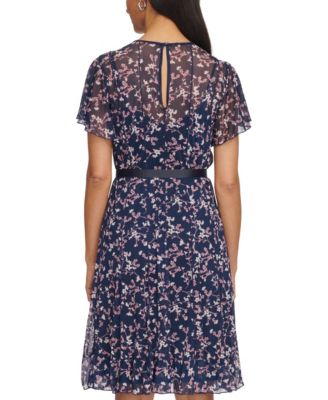 Women's Flutter-Sleeve Seamed Fit & Flare Dress