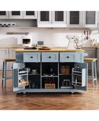 CASAINC 50" 3 Pc. Set Rubber Wood, Bamboo Drop Leaf, Power Outlet, Drawers, Racks, Bar Stools Kitchen Island