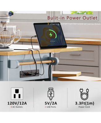 CASAINC 50" 3 Pc. Set Rubber Wood, Bamboo Drop Leaf, Power Outlet, Drawers, Racks, Bar Stools Kitchen Island