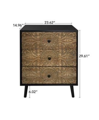 CASAINC 1Pc 30" Hand-Carved Wood 3 Drawers & Pine Feet Storage Cabinet