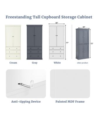 77" Freestanding Tall Kitchen Pantry Cabinet with Drawers and Adjustable Door Shelves