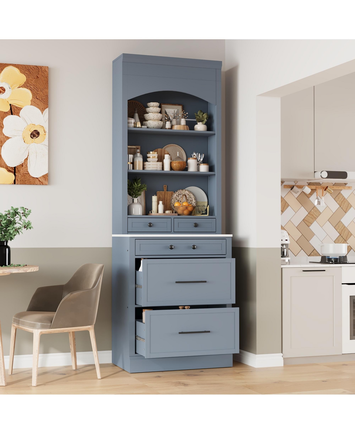 Casainc 83.7" Tall Freestanding Kitchen Pantry with Faux Marble Top and 5 Storage Drawers