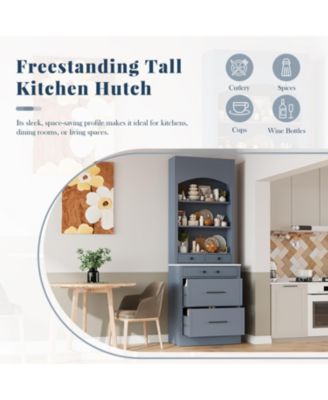 CASAINC 83.7-Inch Tall Freestanding Kitchen Pantry with Faux Marble Top and 5 Storage Drawers Curio Display Cabinet