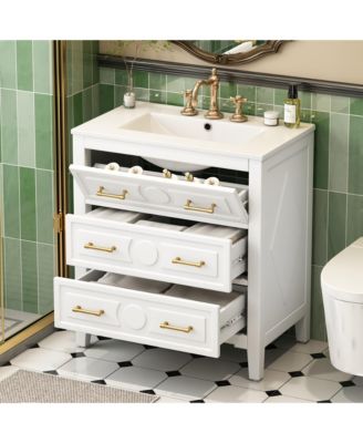 30" Freestanding Vanity With Ceramic Sink Combo and 3 Drawers, Solid Wood Frame