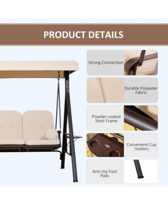 3-Seat Patio Swing w/ Tilt Canopy, Cushions & Cup Tray,