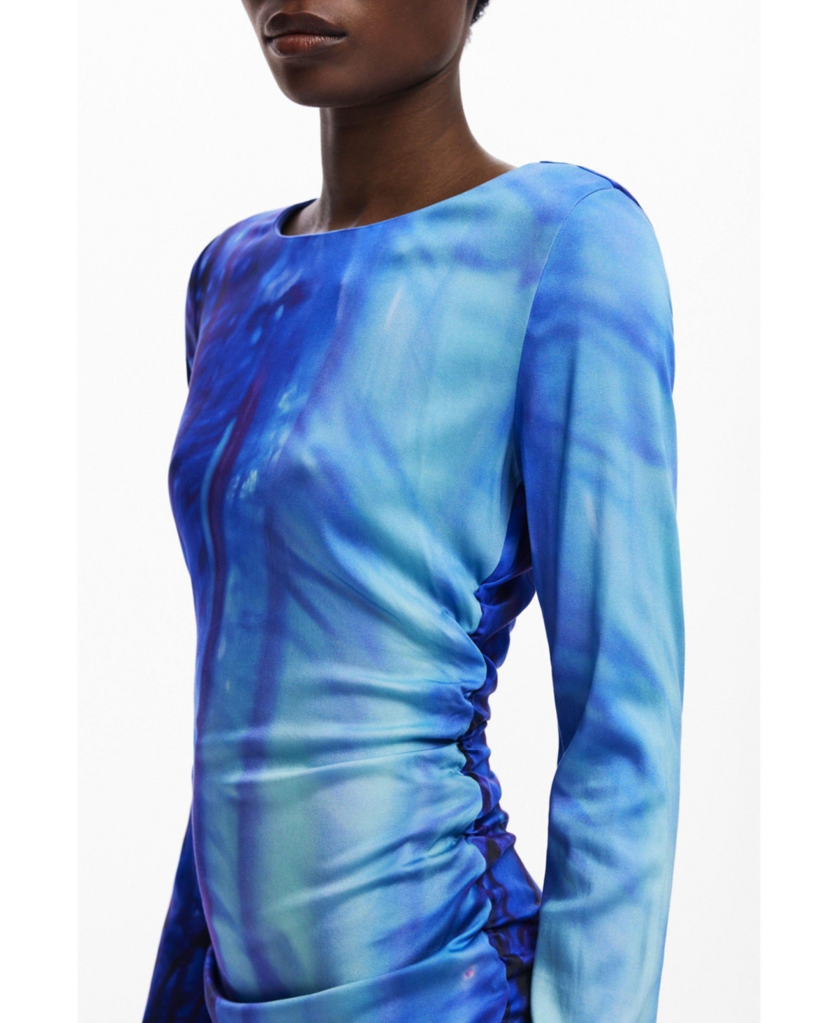 Desigual Tie Dye Pattern Long Sleeve Midi Dress In Blue