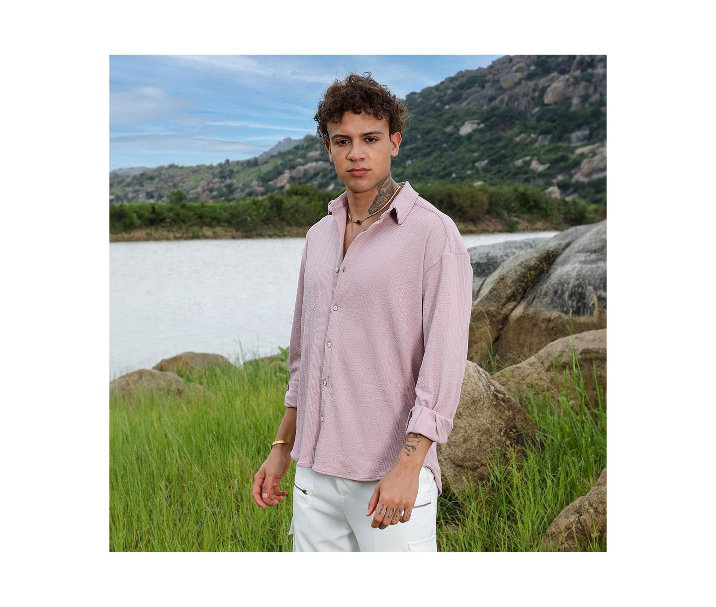 Мужская рубашка Cahoot Campus Sutra Nude Pink Spear-Textured, цвет: Розовый — фото 4