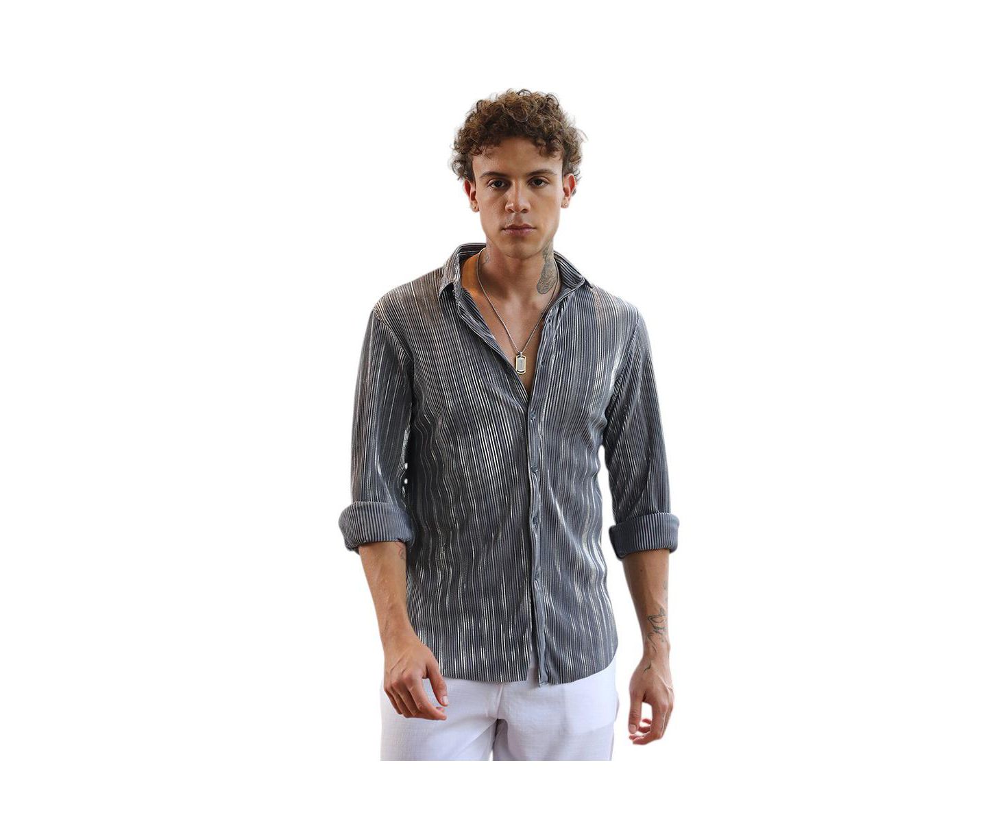 Мужская рубашка Cahoot Campus Sutra Icy Blue & Metallic Silver Pleat-Creased, цвет: Синий — фото 1