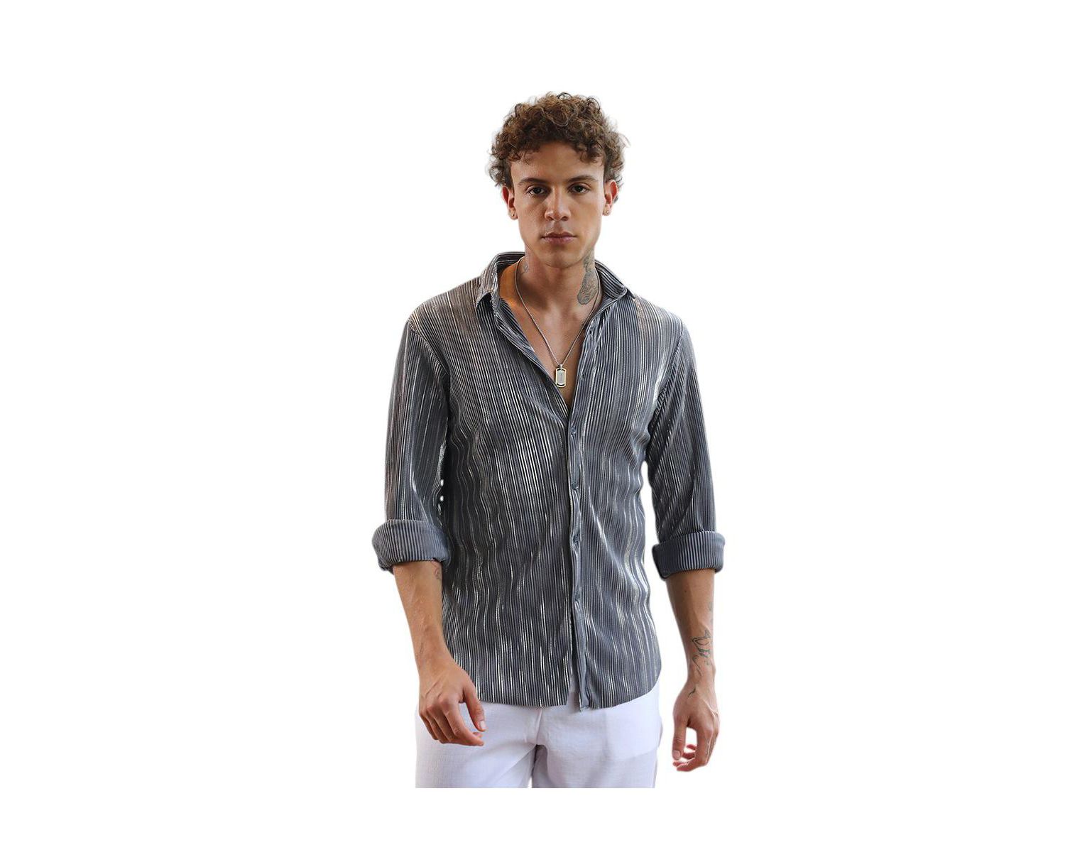 Men's Icy Blue & Metallic Silver Pleat-Creased Shirt