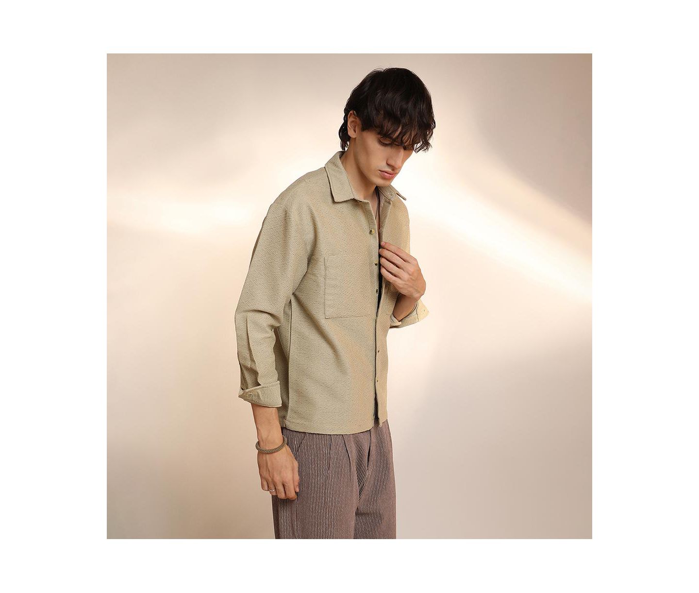 Мужская рубашка Cahoot Campus Sutra Buff Beige Chevron-Woven Utility, цвет: Бежевый — фото 6