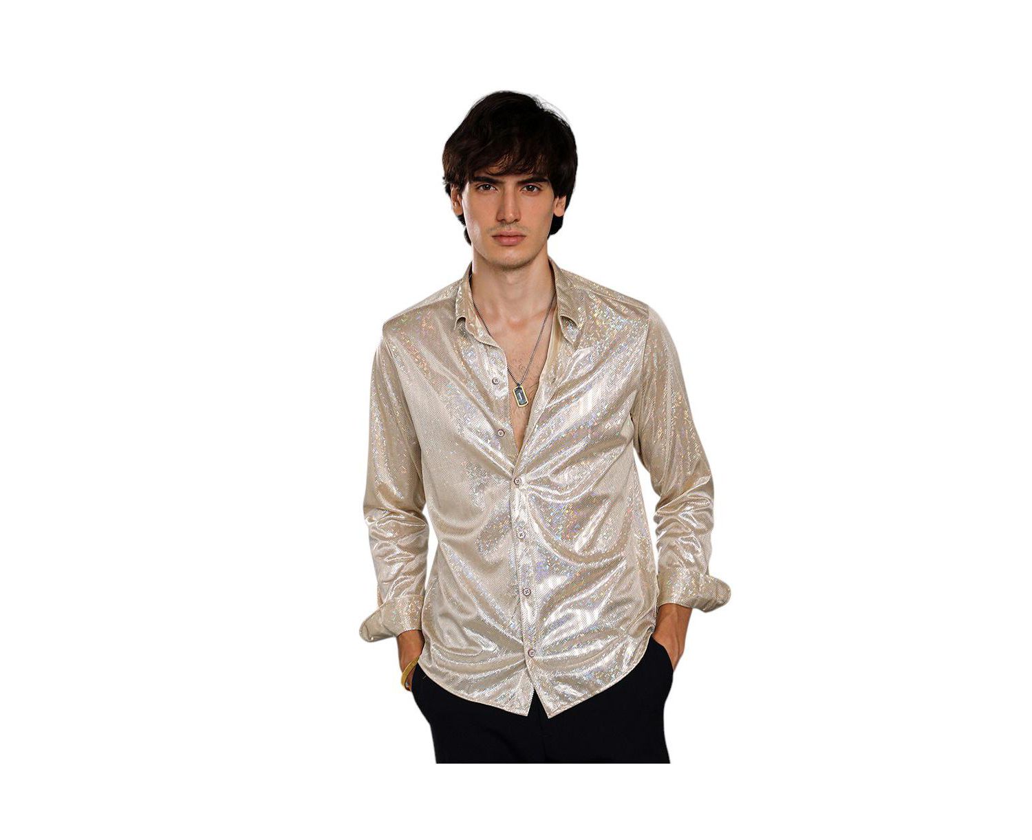 Men's Metallic Beige Sheen Chevron Shirt